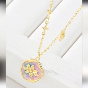 Monet Water Lilly Necklace Gold Toned  Pink Enamel